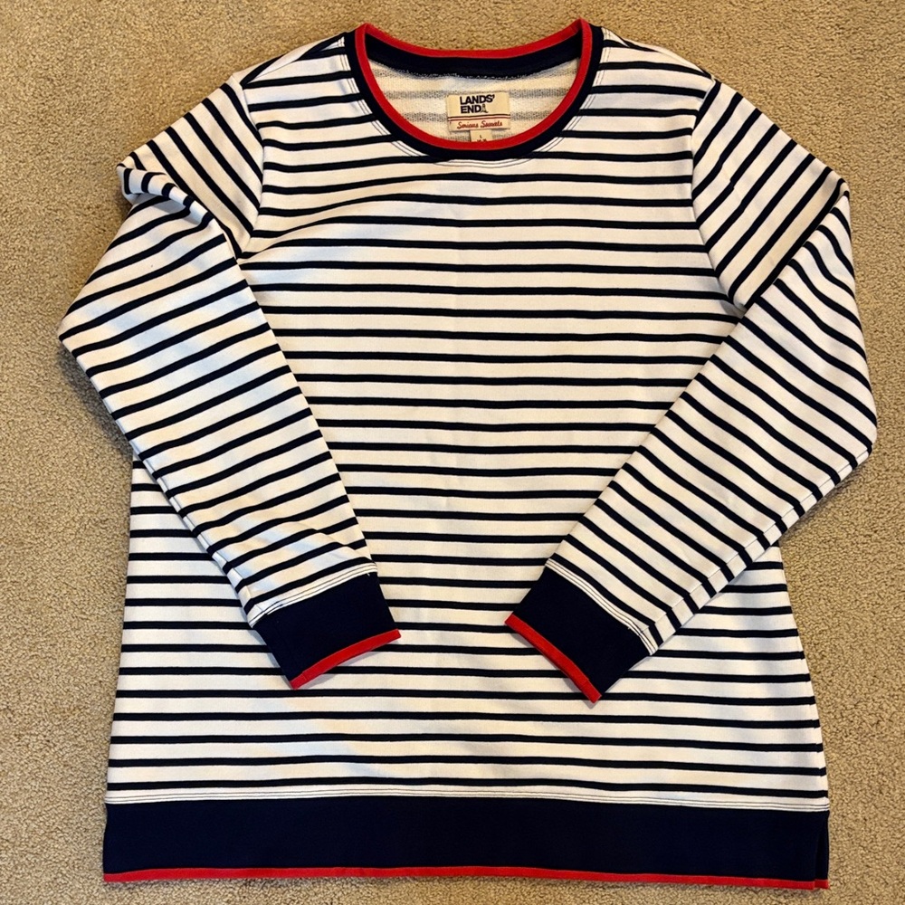 Lands' End Navy and White Striped Top with Red Trim